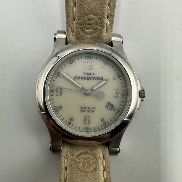 Timex Expedition Watch Women Silver Tone Beige Leather Band Indiglo New Battery - Picture 2 of 14